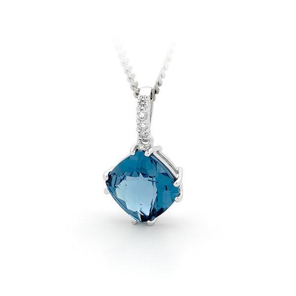 Angled Cushion London Blue Topaz & Diamond Claw Set Pendant