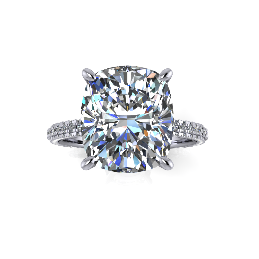 Close-up of Cushion Cut 6.03ct Lab Grown Diamond Sparkling on Platinum Band