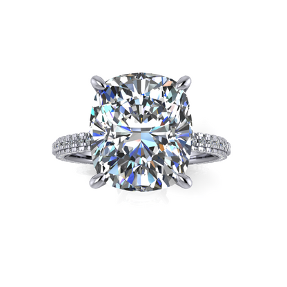 Close-up of Cushion Cut 6.03ct Lab Grown Diamond Sparkling on Platinum Band