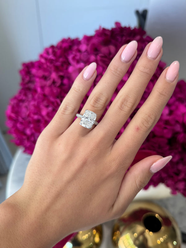 Hand Model Wearing 6.03ct Cushion Cut Lab Grown Diamond Platinum Engagement Ring