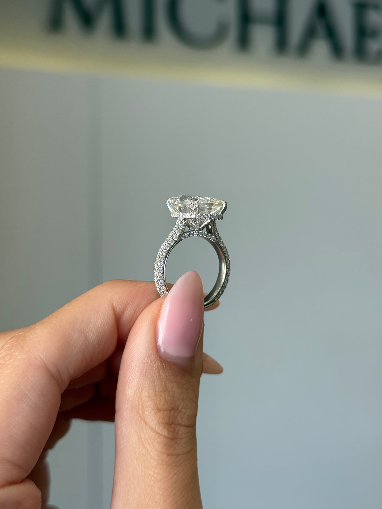 Top View of Custom Clara Platinum Ring with Brilliant 6.03ct Lab Grown Cushion Diamond