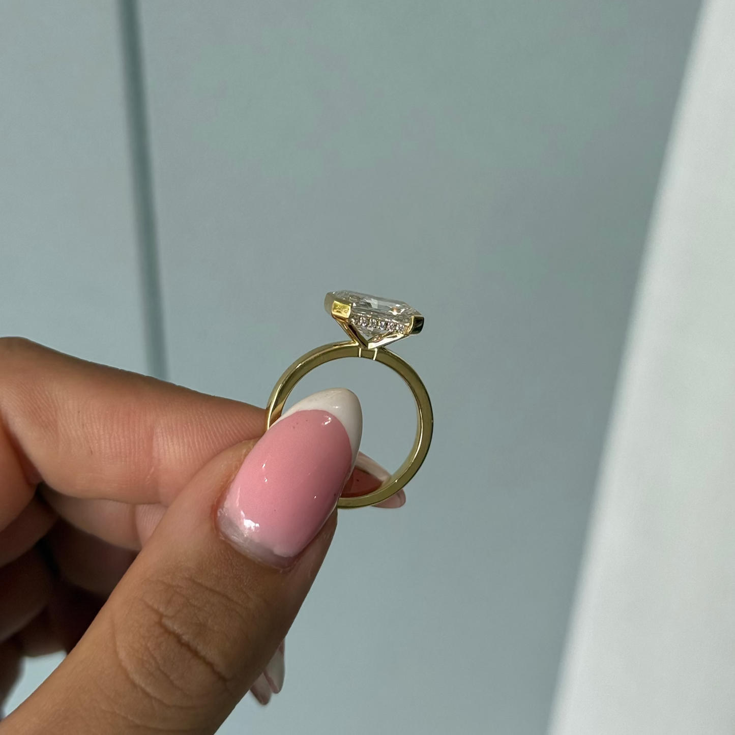 3.07ct Radiant Cut Lab Grown Custom Horizontal Half Bezel Design Yellow Gold