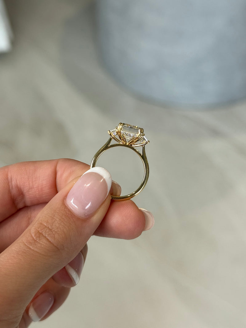 5.04ct Emerald Cut Lab Grown Custom Double Claw Rosetta Design Yellow Gold