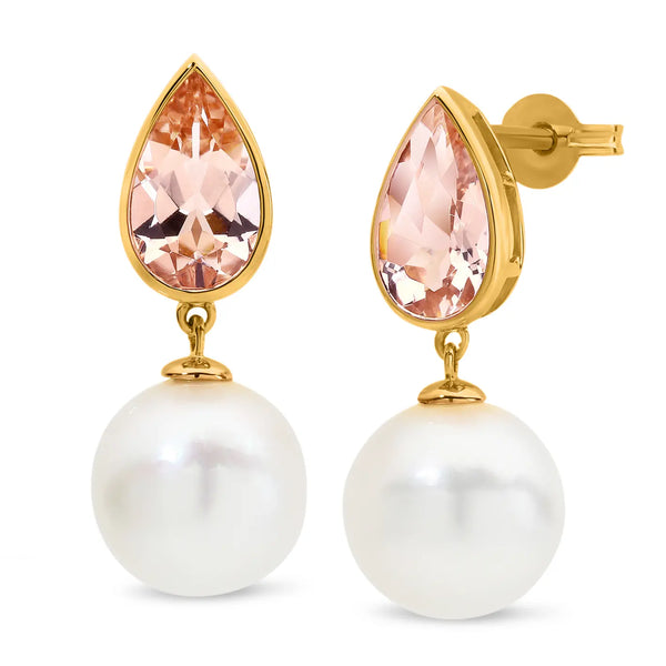 Morganite & South Sea Pearl Drop Earrings gold