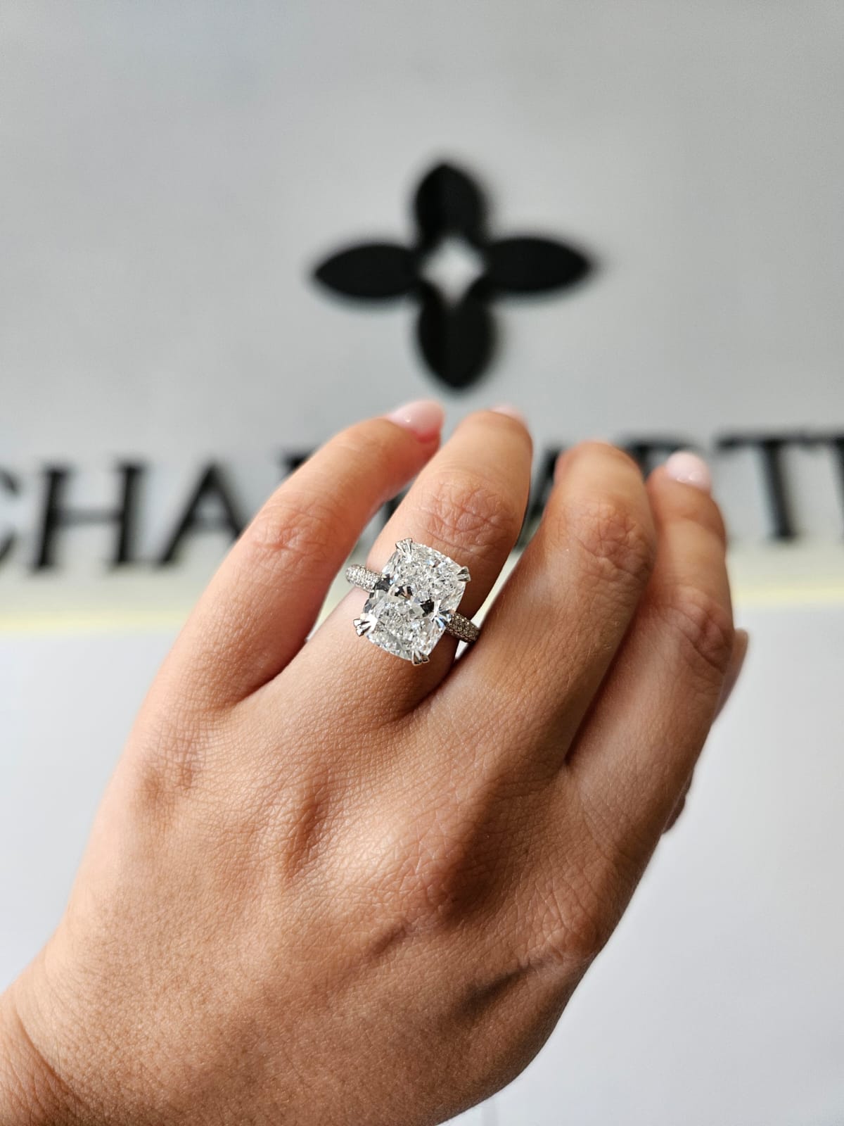 6.03ct Cushion Cut Lab Grown Diamond Ring in Platinum – Front View of Custom Clara Design