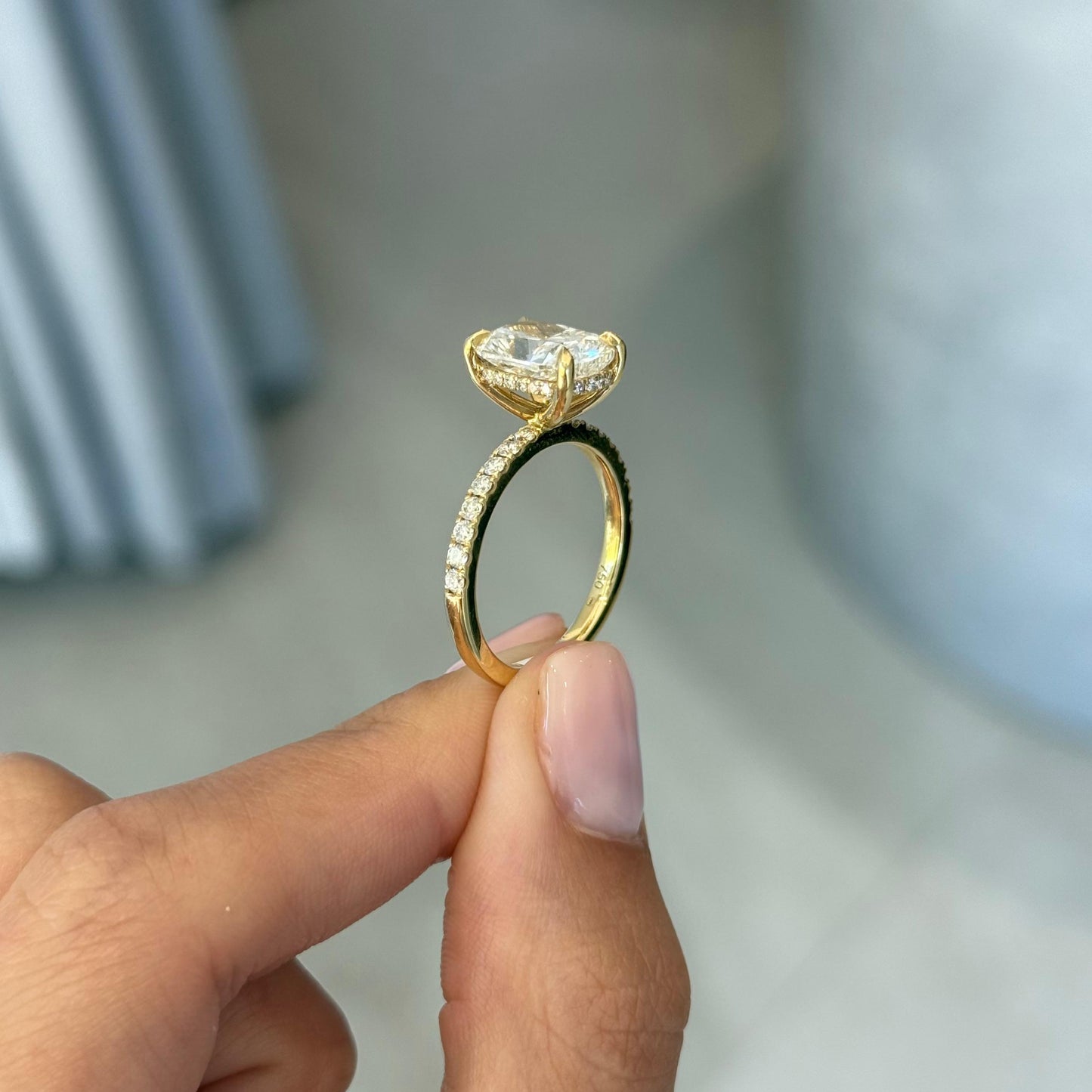 3.03ct Cushion Cut Lab Grown Custom Bassano Design 18ct Yellow Gold