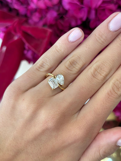 Toi et Moi Two stone - 1.56ct Emerald Cut Lab Grown Diamond & 0.97ct Pear Cut Lab Grown Custom Design Yellow Gold
