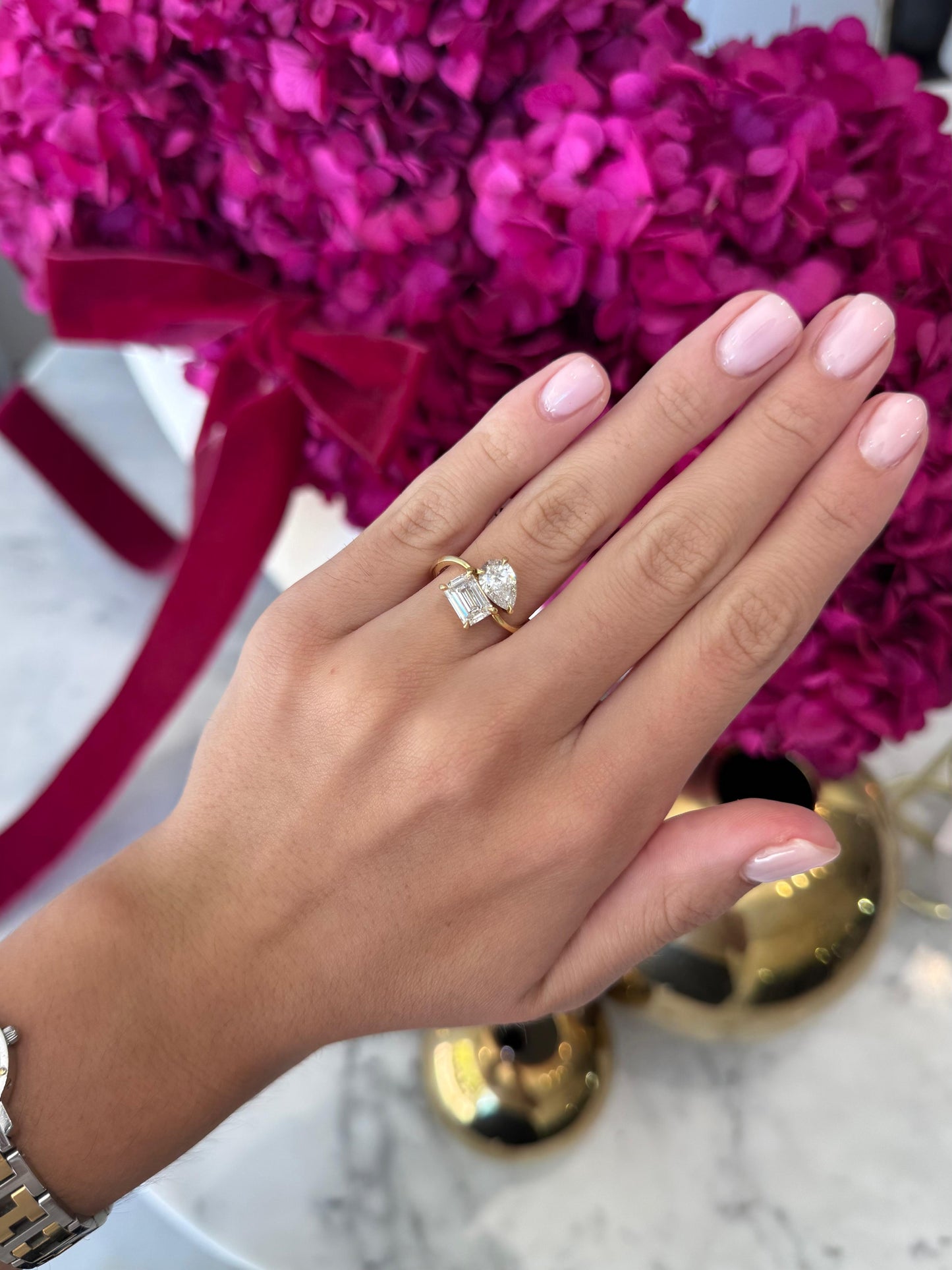 Toi et Moi Two stone - 1.56ct Emerald Cut Lab Grown Diamond & 0.97ct Pear Cut Lab Grown Custom Design Yellow Gold