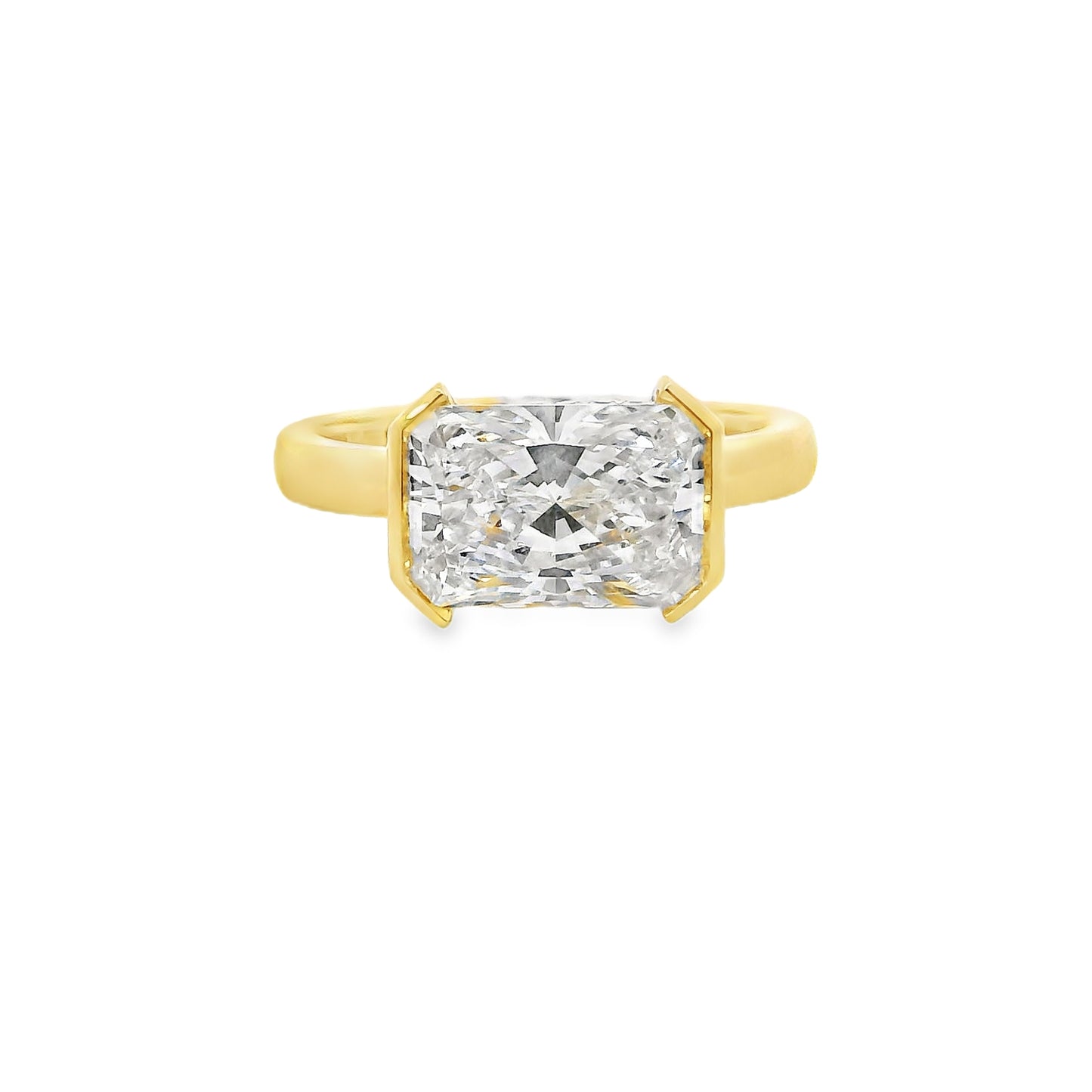 3.07ct Radiant Cut Lab Grown Custom Horizontal Half Bezel Design Yellow Gold
