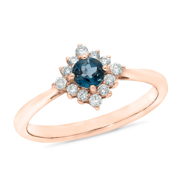 Round London Blue Topaz & Diamond Claw Set Dress Ring rose gold