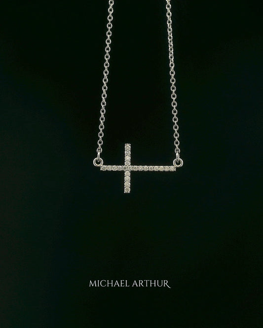 White Gold Sideways Diamond Cross