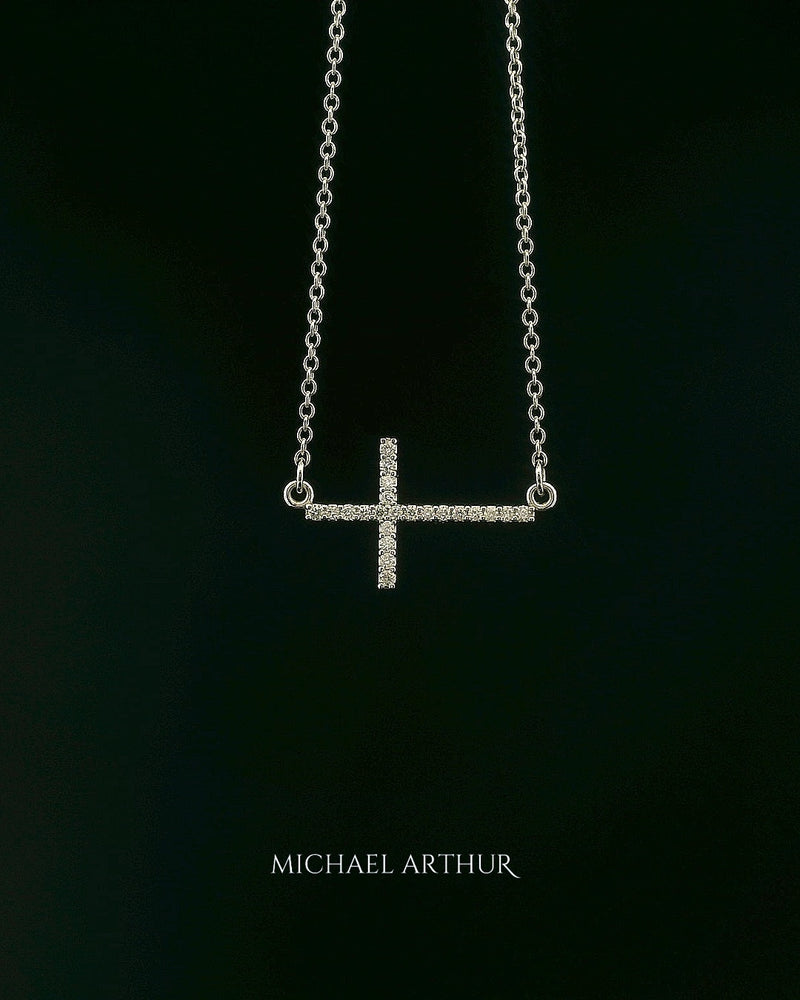 White Gold Sideways Diamond Cross