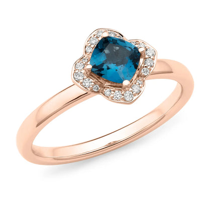 Flower London Blue Topaz & Diamond Claw/Bead Set Dress Ring gold rose