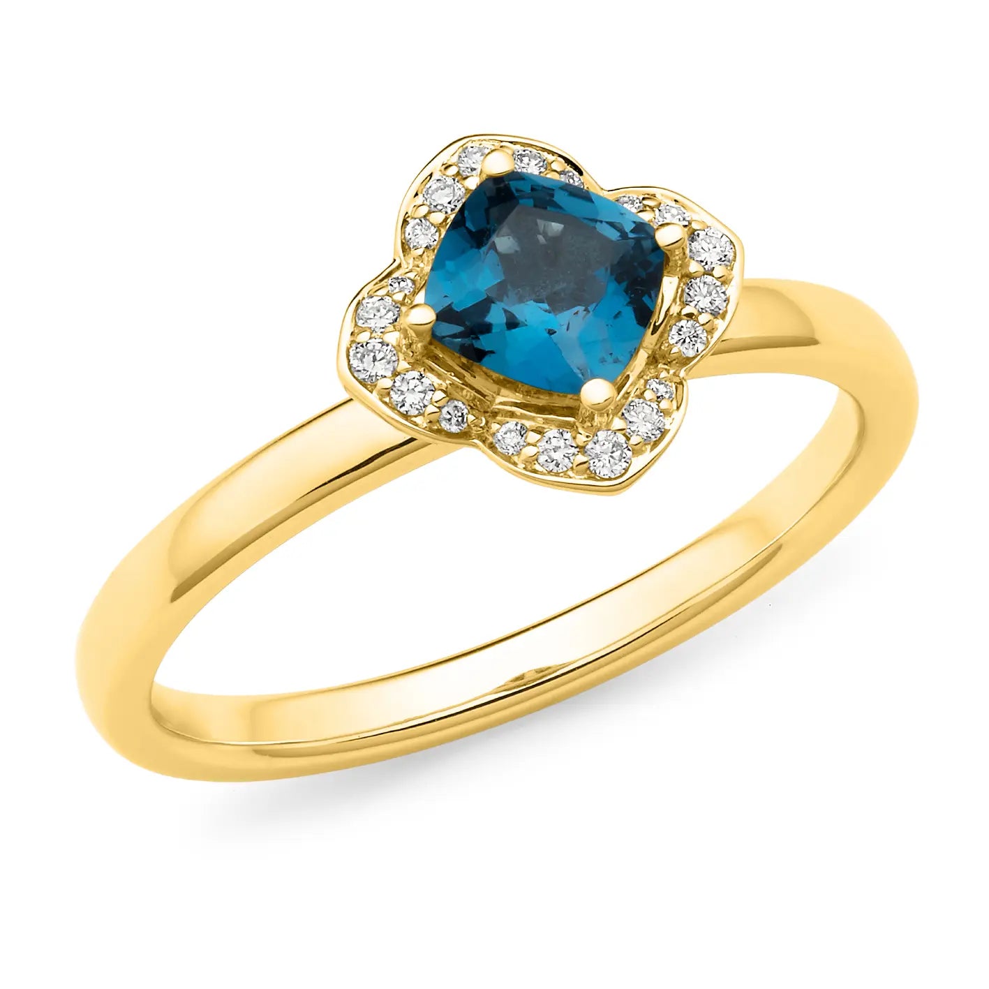Flower London Blue Topaz & Diamond Claw/Bead Set Dress Ring gold