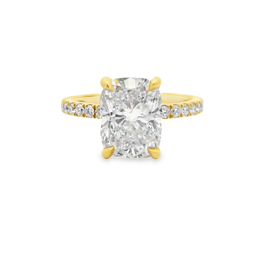 3.03ct Cushion Cut Lab Grown Custom Bassano Design 18ct Yellow Gold