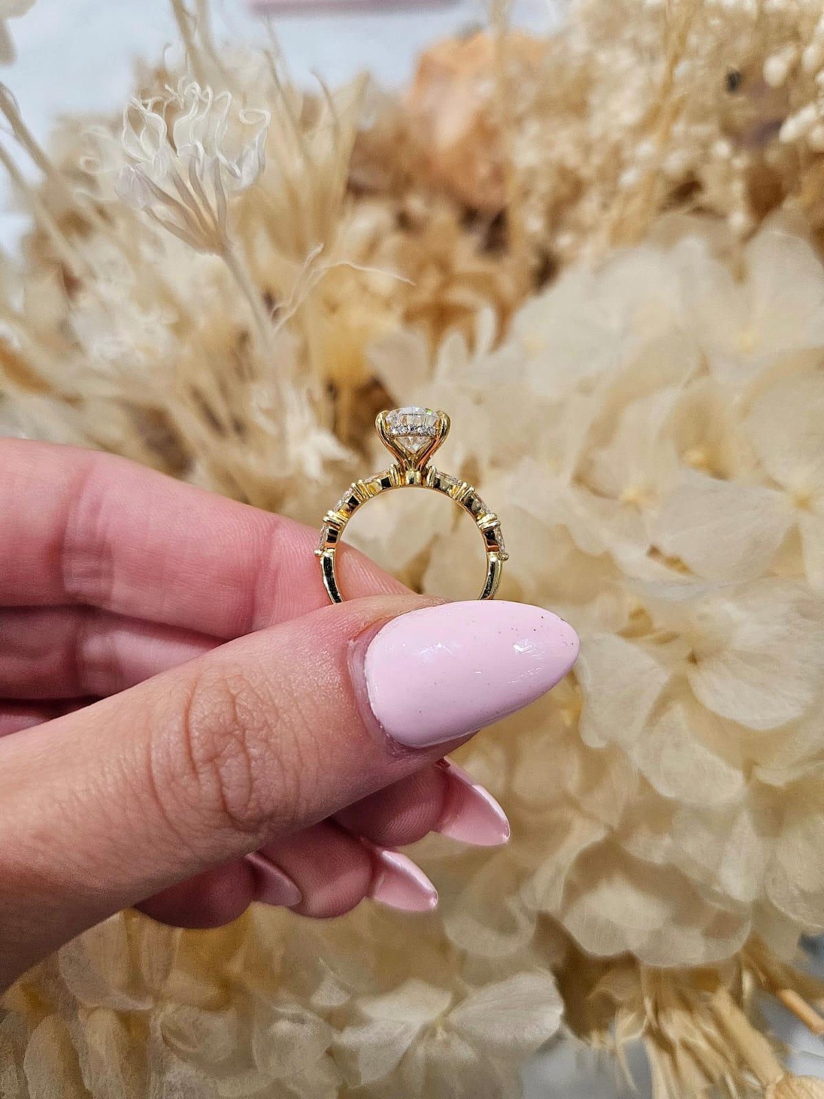 2.53ct Pear Cut Lab Grown Custom 3-Claw Pear Band Design Yellow Gold - Michael Arthur Diamonds