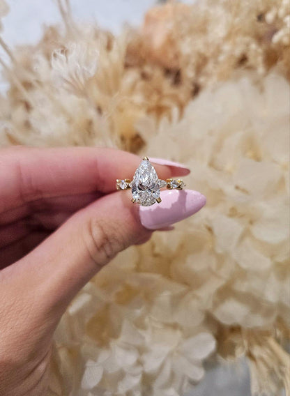 2.53ct Pear Cut Lab Grown Custom 3-Claw Pear Band Design Yellow Gold - Michael Arthur Diamonds