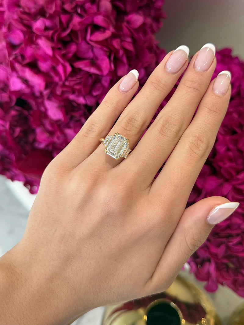 5.04ct Emerald Cut Lab Grown Custom Double Claw Rosetta Design Yellow Gold