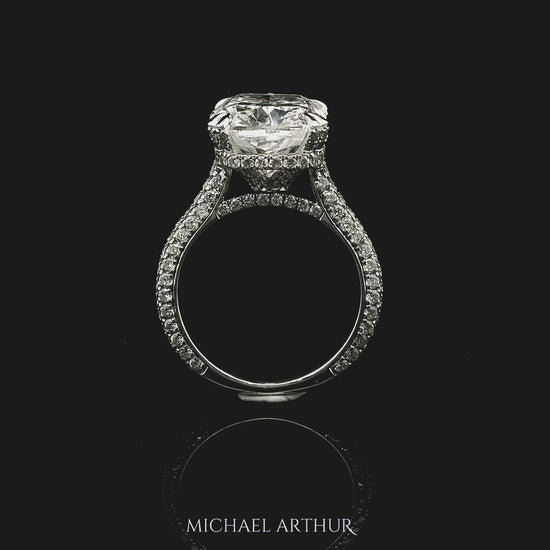 Side Profile of Clara Design Platinum Ring Featuring 6.03ct Cushion Cut Diamond