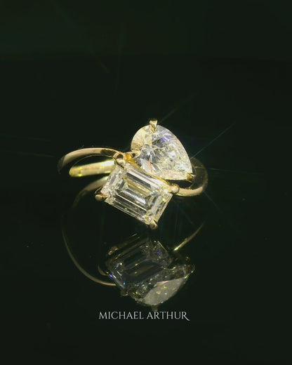 Toi et Moi Two stone - 1.56ct Emerald Cut Lab Grown Diamond & 0.97ct Pear Cut Lab Grown Custom Design Yellow Gold