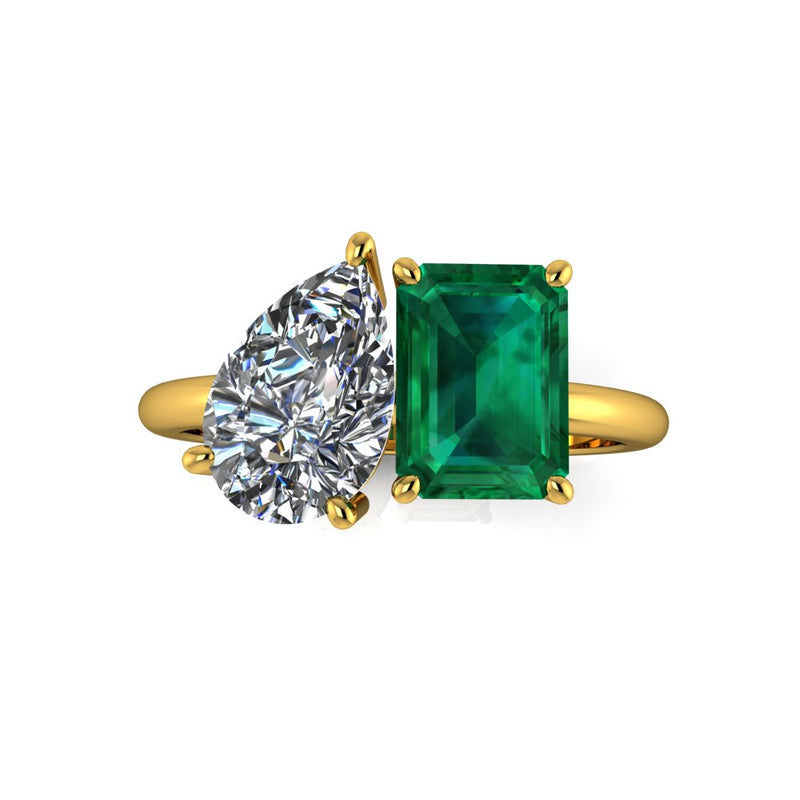 Toi et Moi Two stone - 1.00ct Pear Cut Lab Grown & 1.00ct Natural Emerald Henri Design Yellow Gold