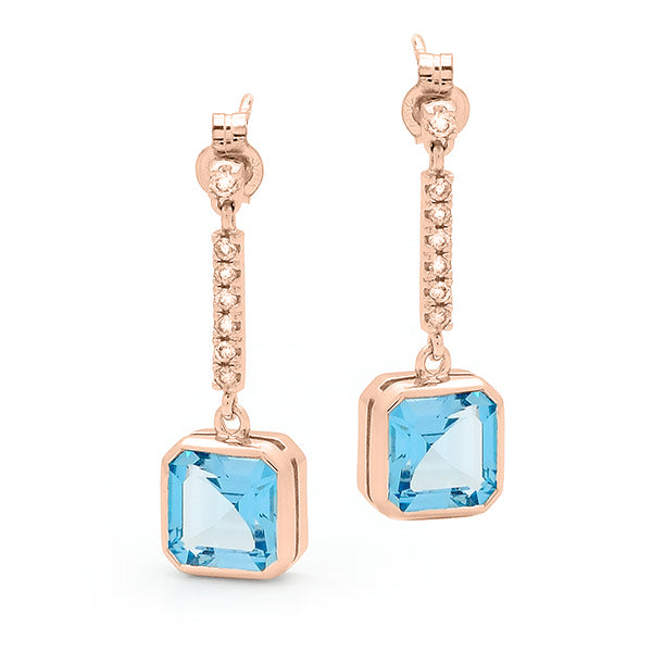 Blue Topaz & Diamond Bezel Set Drop Earrings
