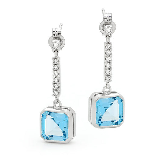 Blue Topaz & Diamond Bezel Set Drop Earrings