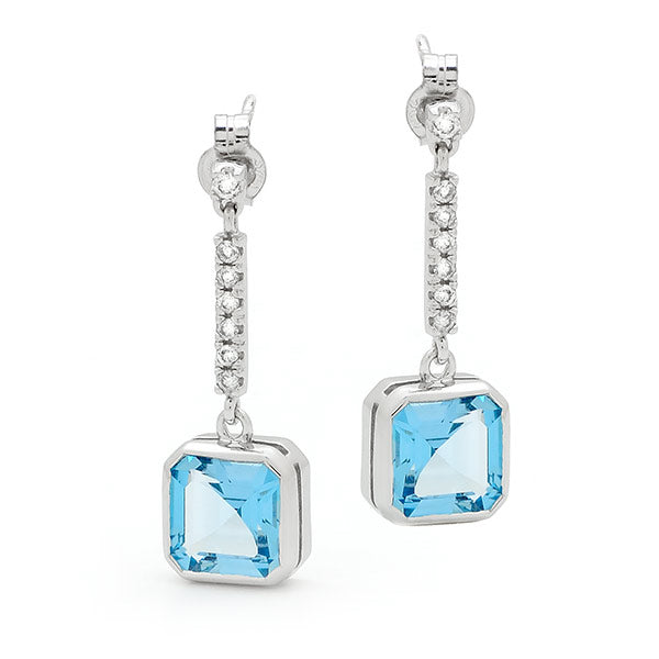 Blue Topaz & Diamond Bezel Set Drop Earrings