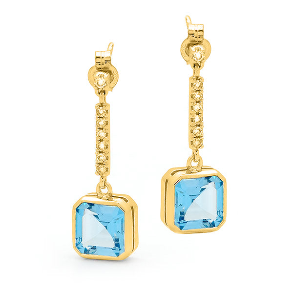 Blue Topaz & Diamond Bezel Set Drop Earrings