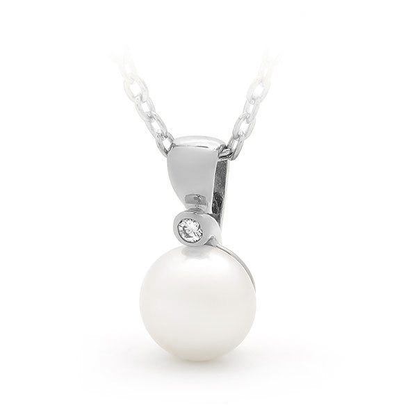 Freshwater Pearl Button & Diamond Drop Pendant