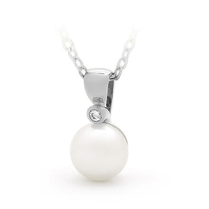 Freshwater Pearl Button & Diamond Drop Pendant