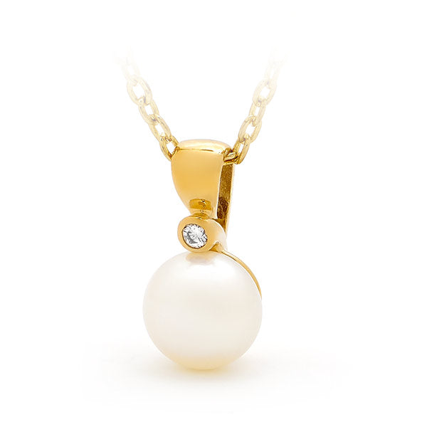Freshwater Pearl Button & Diamond Drop Pendant