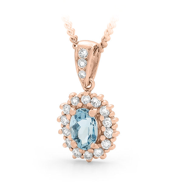 Oval Aquamarine & Diamond Claw Pendant pink gold