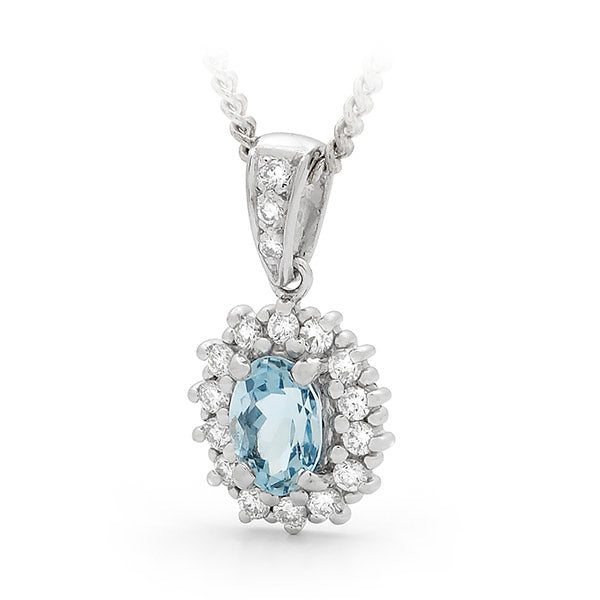 Oval Aquamarine & Diamond Claw Pendant silver